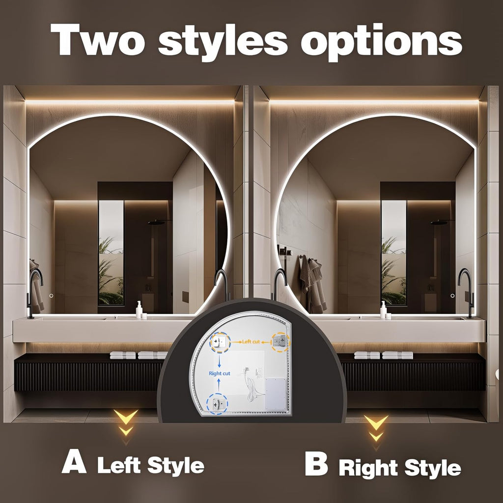 Niccy Half Moon LED Mirror for Bathroom, 28" Backlit + Front Lit Lighted Semi Round Makeup Mirrors for Wall, Anti-Fog, Dimmable 3-Colors, Memory Function, Shatterproof Smart Vanity Mirror