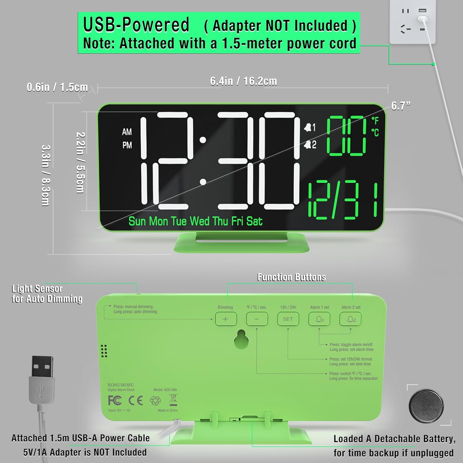KOSUMOSU Small Digital Clock, 6.7in Alarm Clocks for Bedrooms, Auto Dimming, Room Temperature, Day of The Week, Seconds, Date, Desk Clock for Bedroom, Digital Clocks for Living Room
