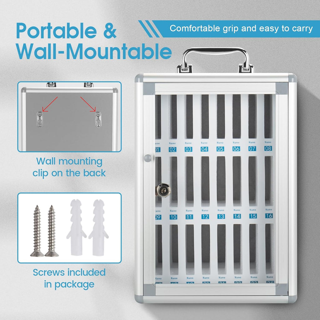 Glosen 24 Slots Cell Phone Locker, Portable Phone Storage Cabinet [Wall Mounted] [Aluminum Alloy] Cellphone Lock Box with Key & Handle for School Classroom Office Exam (Silver)