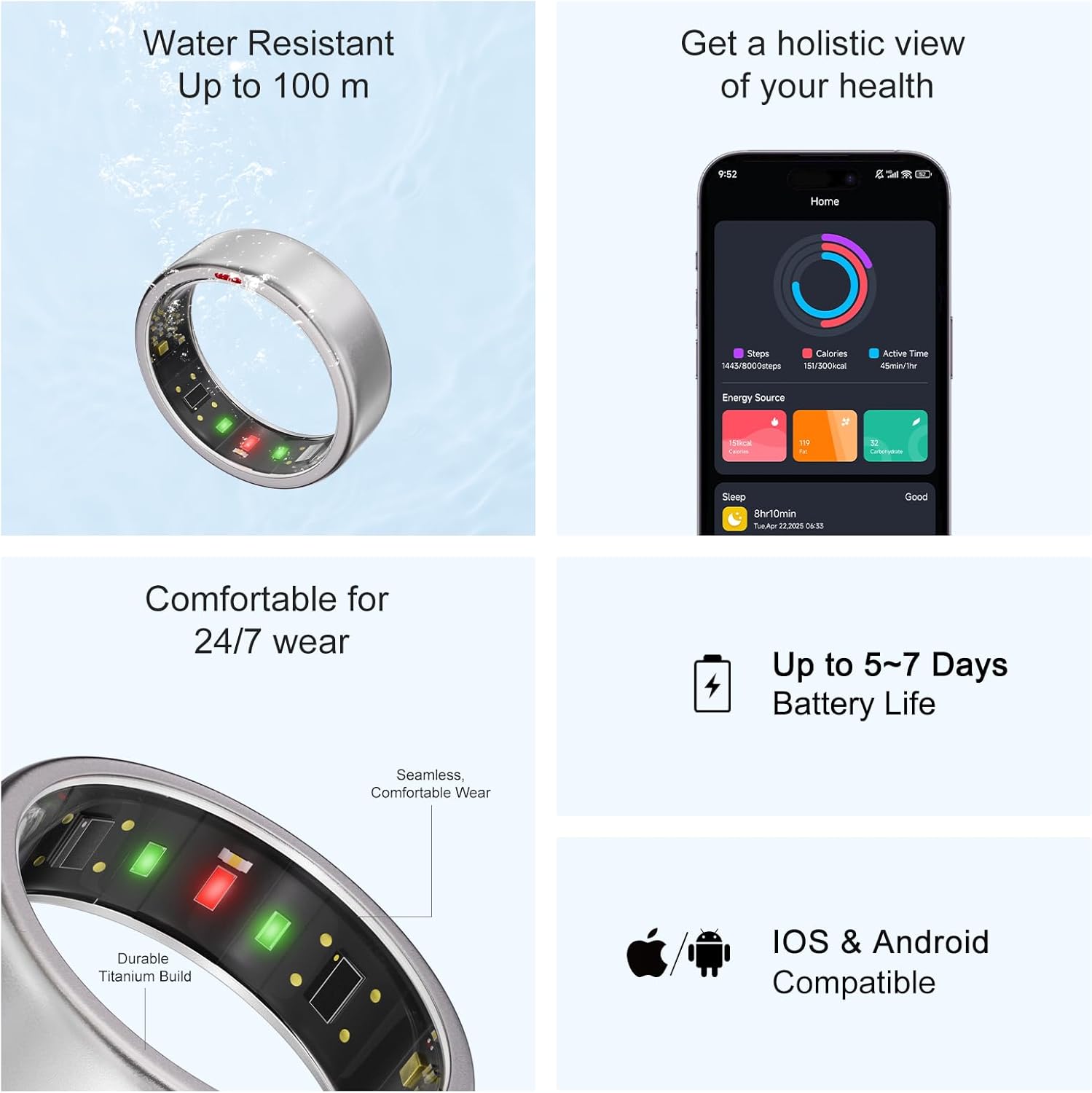 Ring OnePlus - Ultra-Thin Titanium Smart Ring - 7 Days Battery Life - Fitness/SPO₂/Stress/HR/Sleep Skin Temperature Tracker - No App Fee - iOS&Android Compatible (Silver,Size 12)