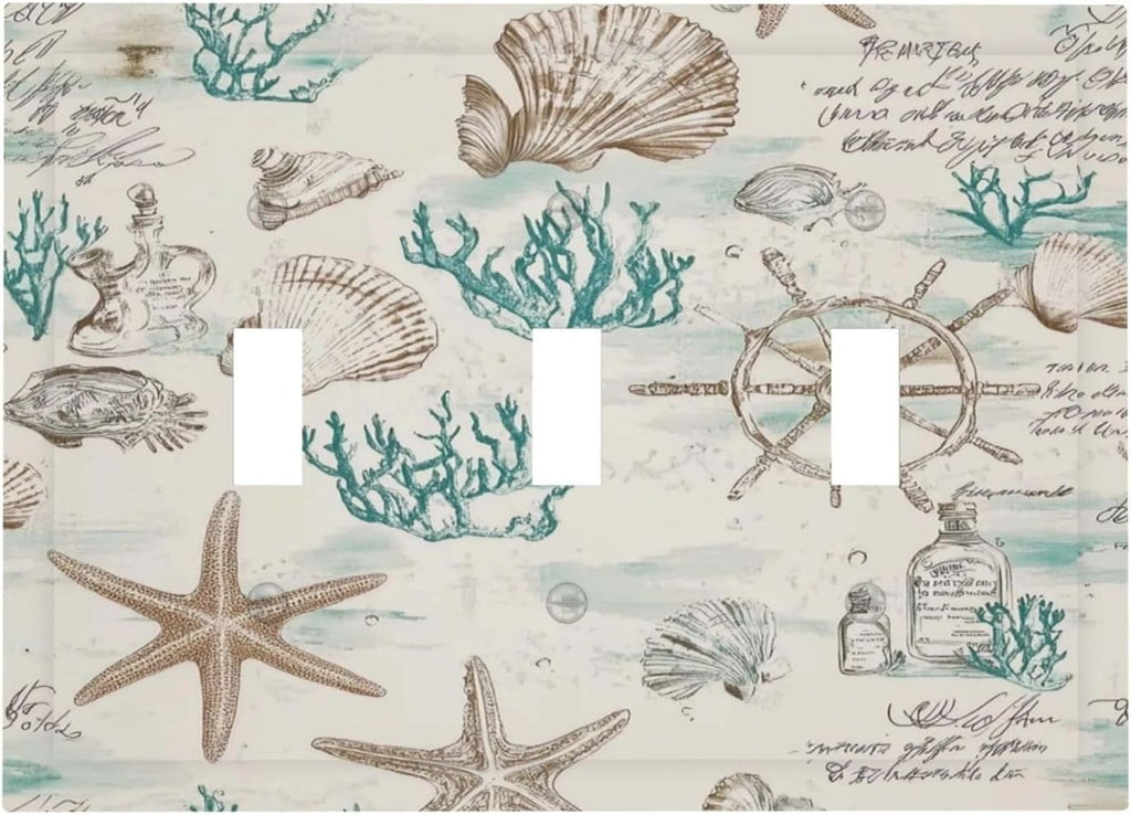Mid Century Seashells Starfish Compass Decorative Switch Plates 3 Gang Wall Plate Triple Toggle Light Switch Cover Faceplate Electrical Wall Panels For Nursery Kids Room Decor