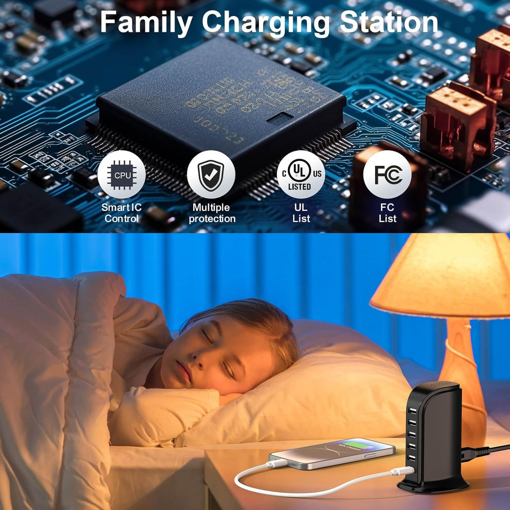 USB Charger Block with Type C, 6-Port Chargers for Multiple Devices, USB Charging Hub with Smart IC, Charger Station for Phone/Tablet/Gaming, Wall Charger Adapter Compact&Portable
