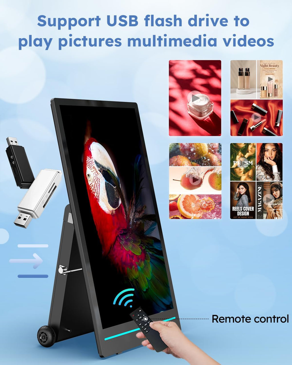 55-inch Rechargeable Portable FHD Outdoor Digital Signage Displays, IP65 Waterproof, Smart LCD Split Screen, Brightness Auto-Adjustment Movable Advertising Kiosk with Android OS