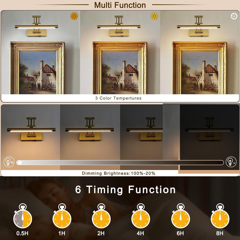 Battery Operated Picture Light with Remote,Wireless Gallery Lights Brass 12in Rechargeable Display Light with Flexible Swing Arm,Dimmable Wall Sconce for Artwork on Wall