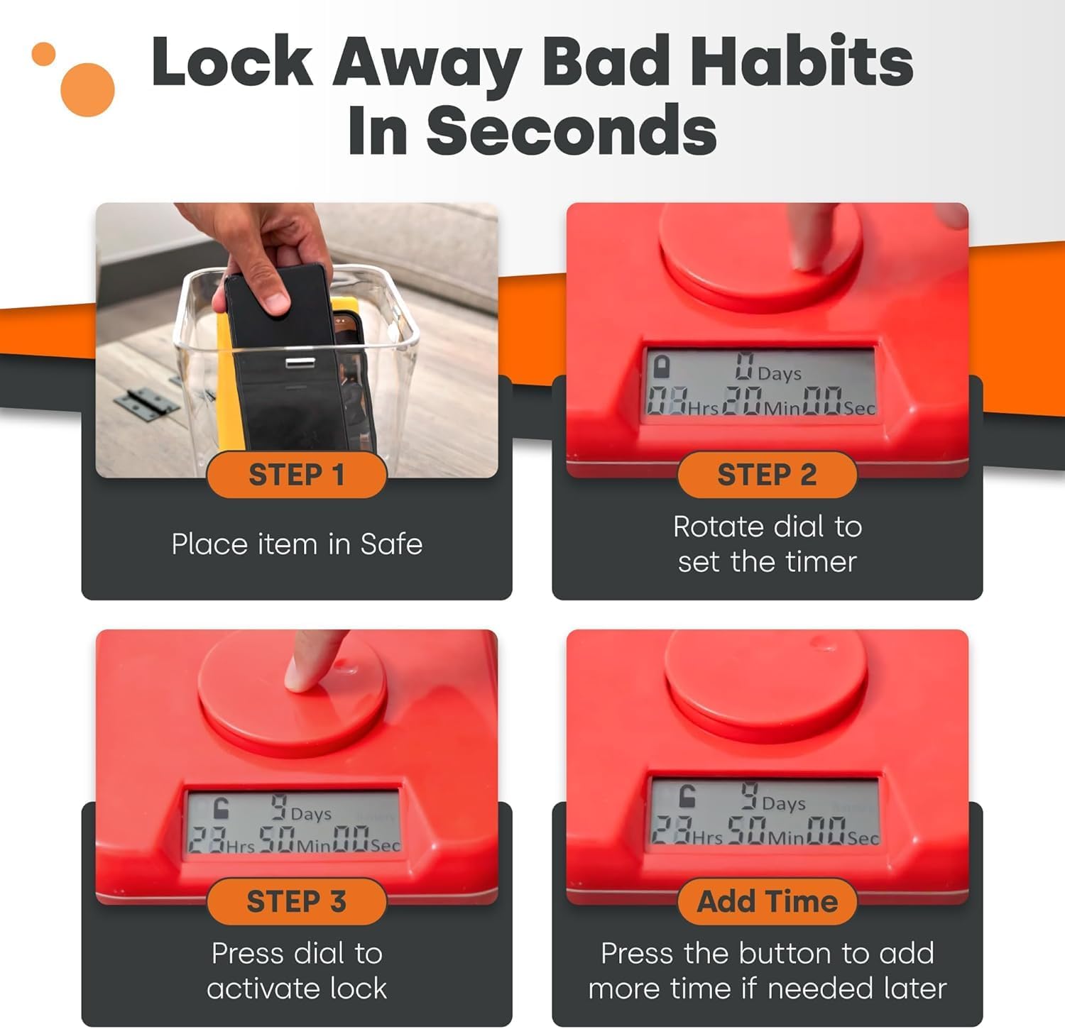 Kitchen Safe Time Locking Container (Medium), Timed Lock Box for Cell Phones, Snacks, and other unwanted temptations (Red Lid + 5.5” Clear Base with Access Port)