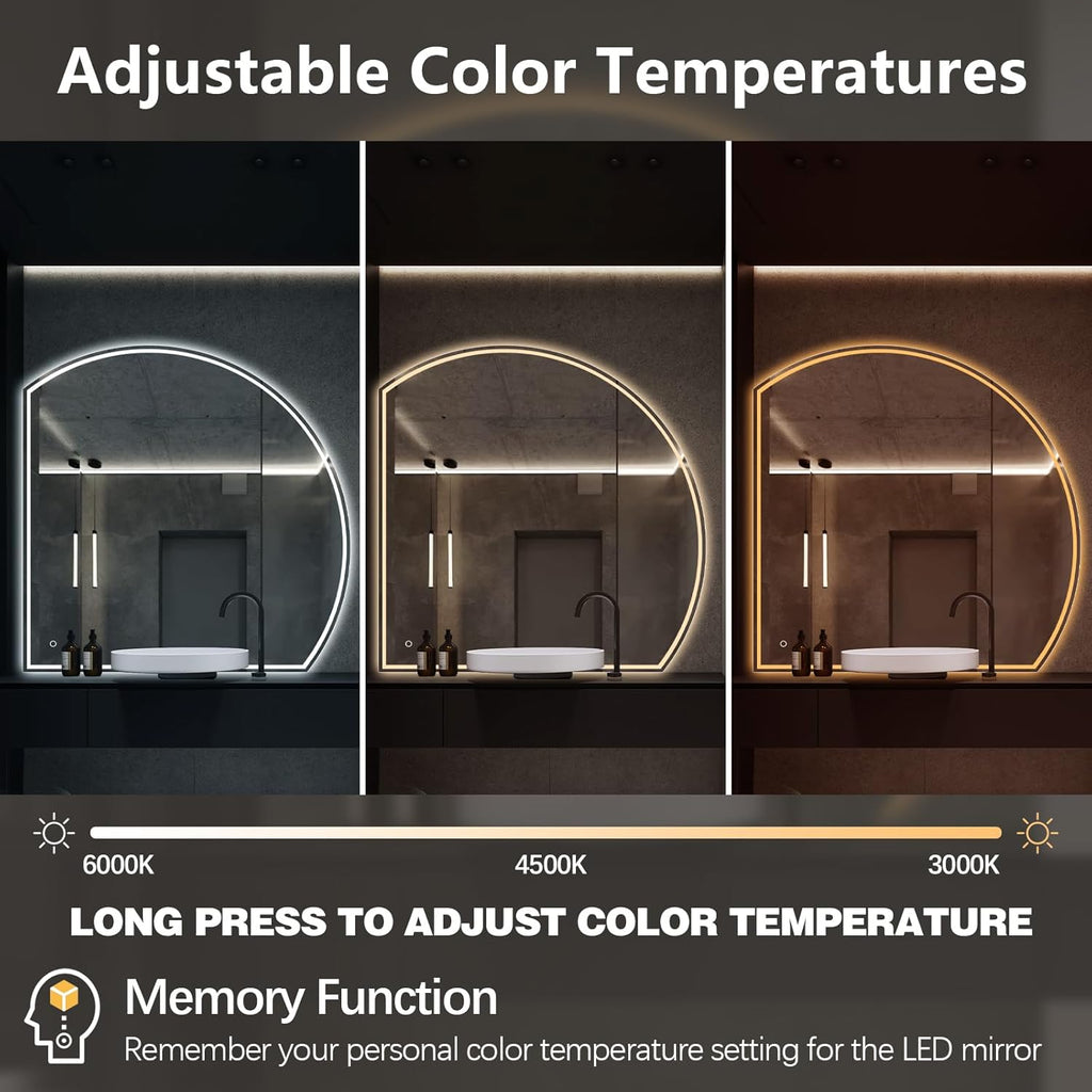 Niccy Half Moon Led Mirror for Bathroom, 48" Semi Round Backlit Mirror for Wall Lighted Mirror with Frameless 3 Color, Defogger, Explosion-Proof, HD Glass and IP65 Vanity Mirror