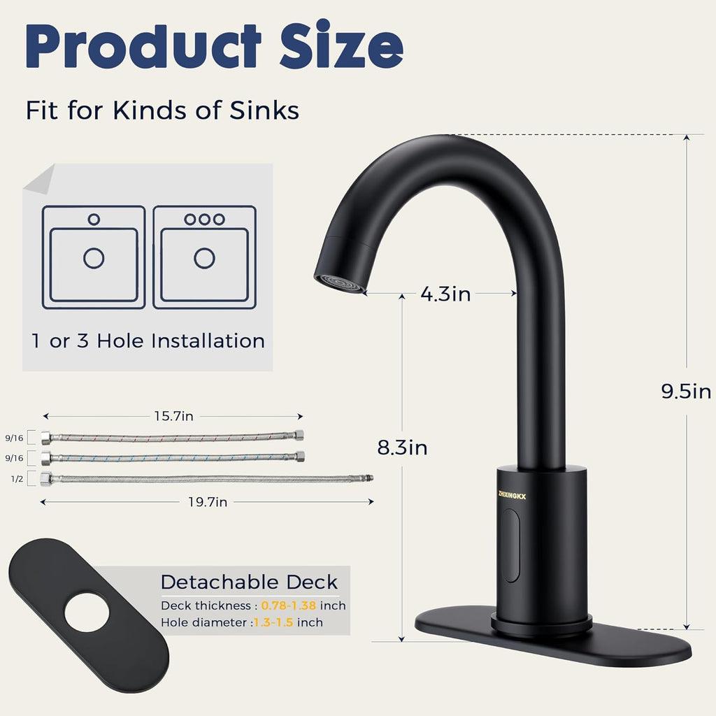 Touchless Bathroom Faucets for 1 or 3 Hole, Tall Body Automatic Bathroom Sink Faucets with Deck Plate,Motion Sensor Commercial Faucets for Bathroom&Kitchen,360° Swivel Spout,Black
