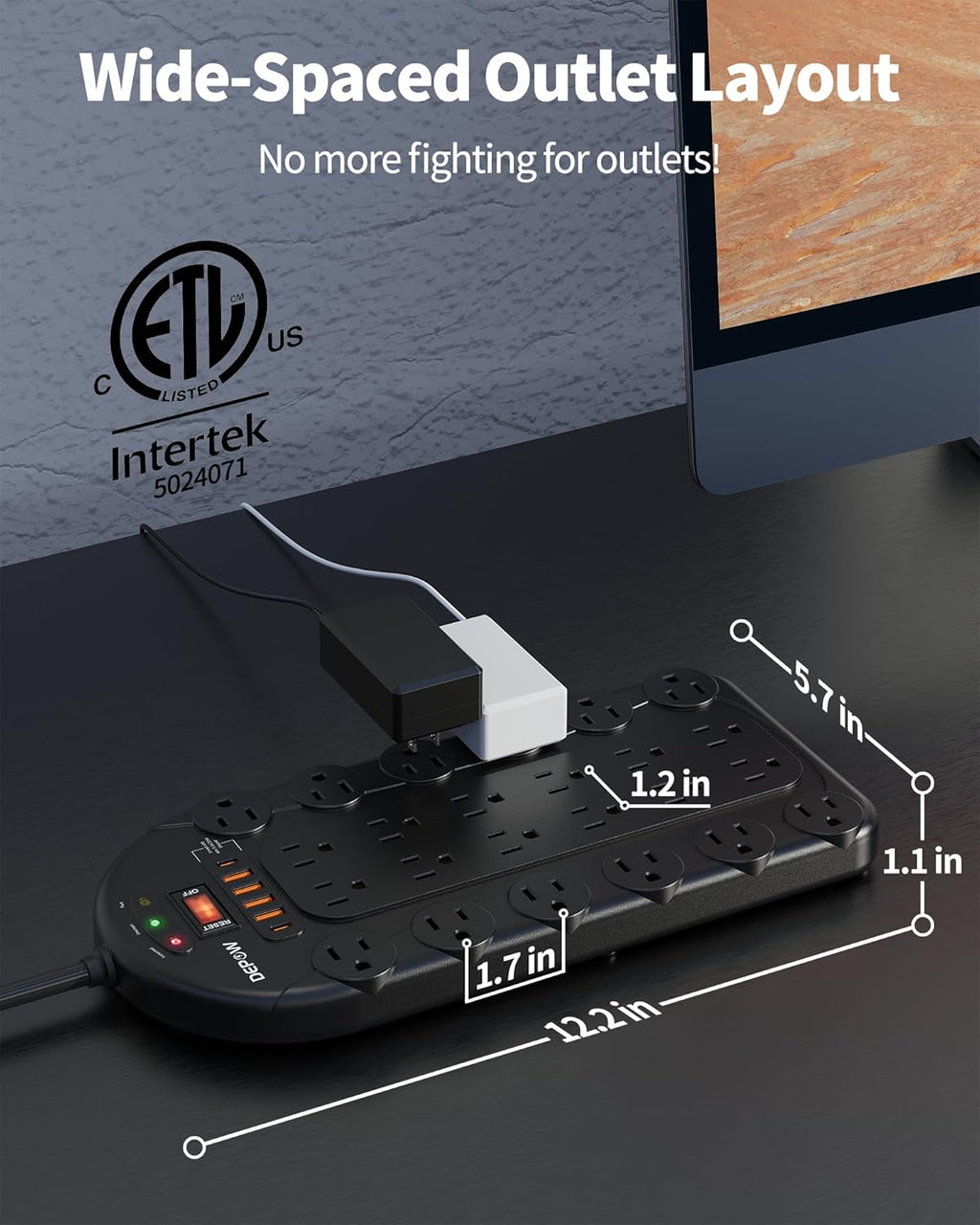 10Ft Power Strip Surge Protector with 24 AC Outlets (1875W/15A) 6 USBs (2 USB-C Ports), 3,400 Joules, Heavy Duty Flat Plug Extension Cord, Wall Mountable for Home, Office, Black, ETL Listed