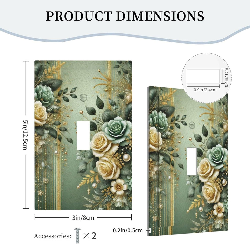 Decorative Light Switch Cover Plate Rustic Green Floral Leaves Teal Flowers Gold Stripe 1 Gang Wall Plate Oversized Single Toggle Wall Cover Plate Jumbo Switchplate Faceplate