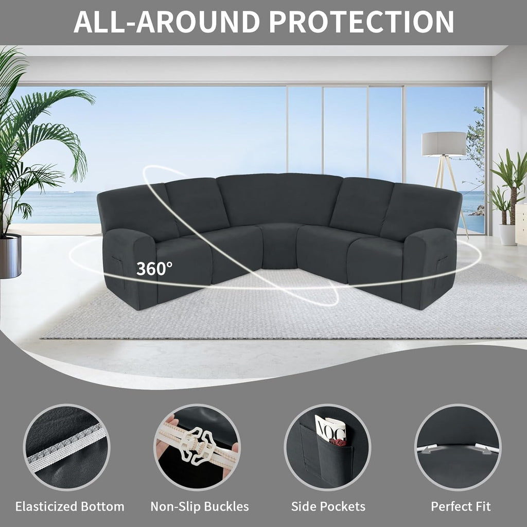 Easy-Going 100% Waterproof Recliner Cover, Stretch Couch Covers for Reclining Couches, Extra Large Sectional Sofa Slipcover, L-Shape Furniture Protector for Kids & Pets, 5 Seater, Dark Gray