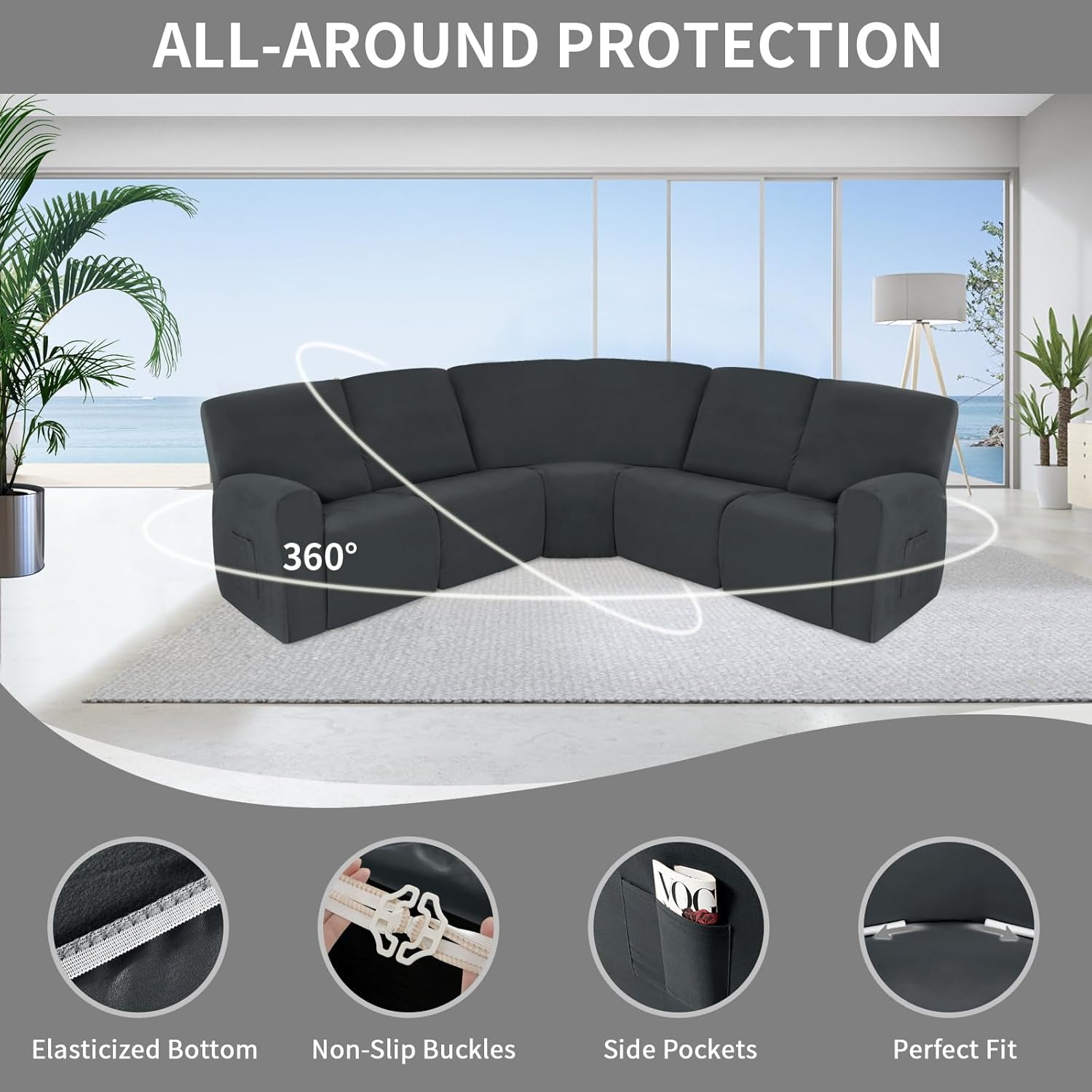 Easy-Going 100% Waterproof Recliner Cover, Stretch Couch Covers for Reclining Couches, Extra Large Sectional Sofa Slipcover, L-Shape Furniture Protector for Kids & Pets, 5 Seater, Dark Gray