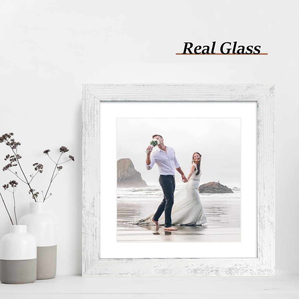 iRahmen 10x10 Picture Frame Set of 4 with Real Glass, Distressed White Frame Display 8x8 Pictures with Mat or 10 x 10 Without Mat, Wood Square Photo Frame for Wall Mount and Tabletop Display
