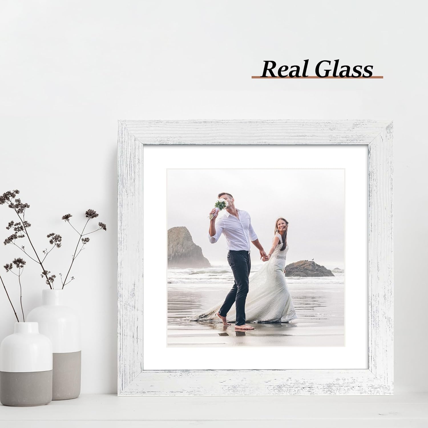 iRahmen 10x10 Picture Frame Set of 4 with Real Glass, Distressed White Frame Display 8x8 Pictures with Mat or 10 x 10 Without Mat, Wood Square Photo Frame for Wall Mount and Tabletop Display