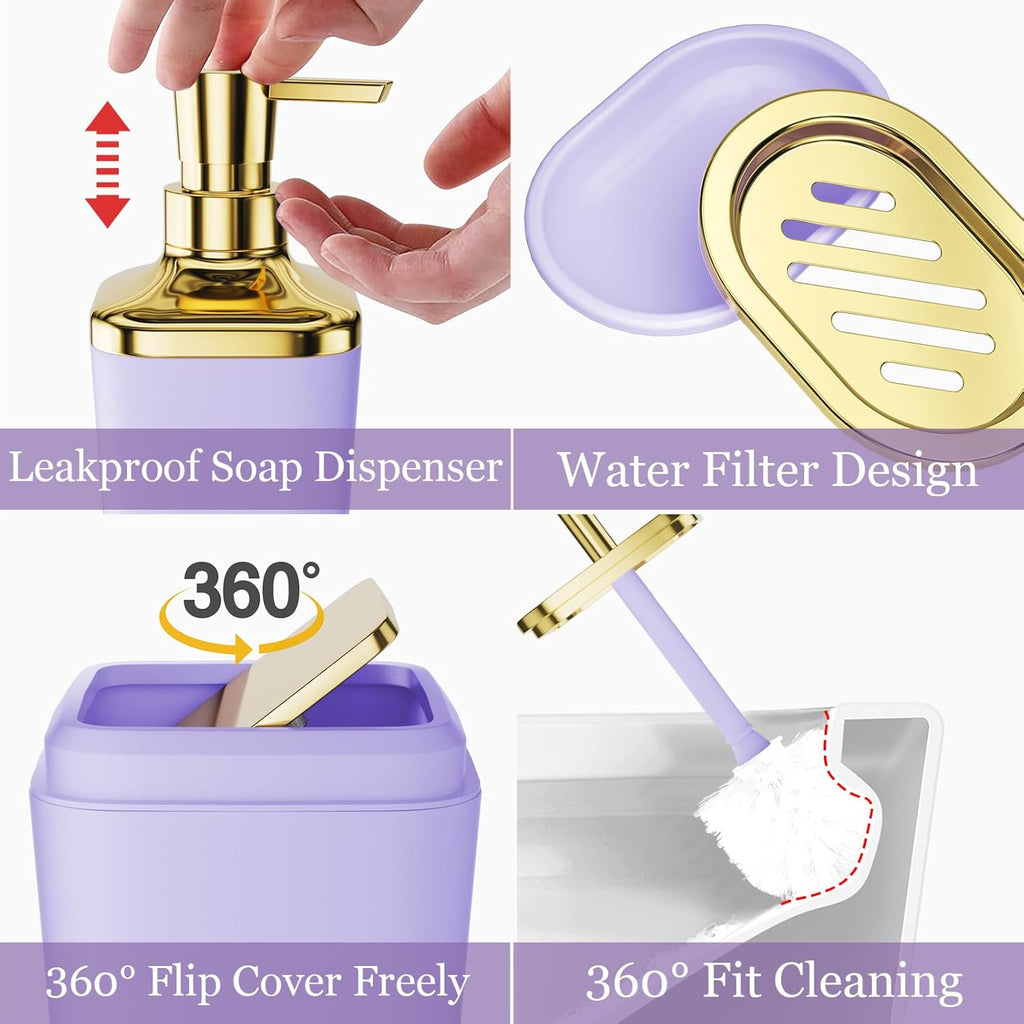 Purple Bathroom Accessories, Bathroom Sets with Stripe Shower Curtain, Purple and Gold Bathroom Accessories Set with Trash Can, Soap Dispenser, Soap Dish, Qtip Holders for Bathroom