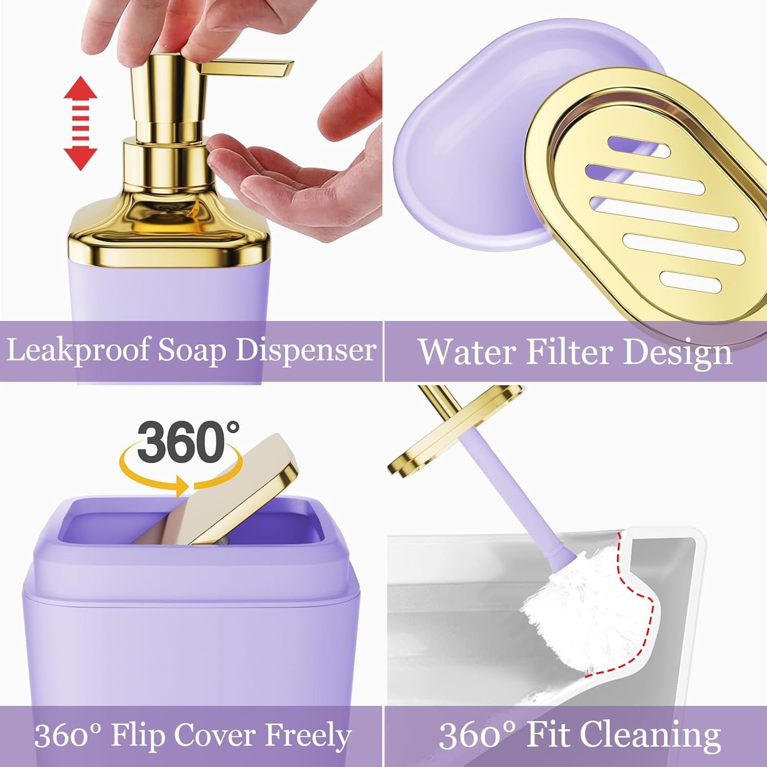 Purple Bathroom Accessories, Bathroom Sets with Stripe Shower Curtain, Purple and Gold Bathroom Accessories Set with Trash Can, Soap Dispenser, Soap Dish, Qtip Holders for Bathroom