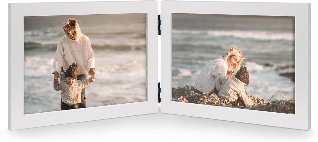 Double 5x7 Horizontal Combo, White Wood Picture Frame, 4.5x6.5 Opening Foldable Landscape View Photo Frame on Table-top or Wall
