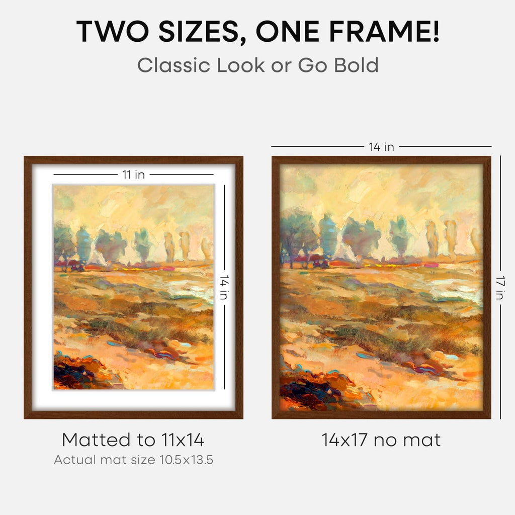 Homeforia 14x17 Picture Frame Brown, High End Dark Oak 14x17 Wooden Frames with Mat 11x14, 14 x 17 Walnut Wood Poster Frame Matted to 11 by 14, 17x14 Hanging Frames, Tempered Glass, Wall Kit, Set of 1
