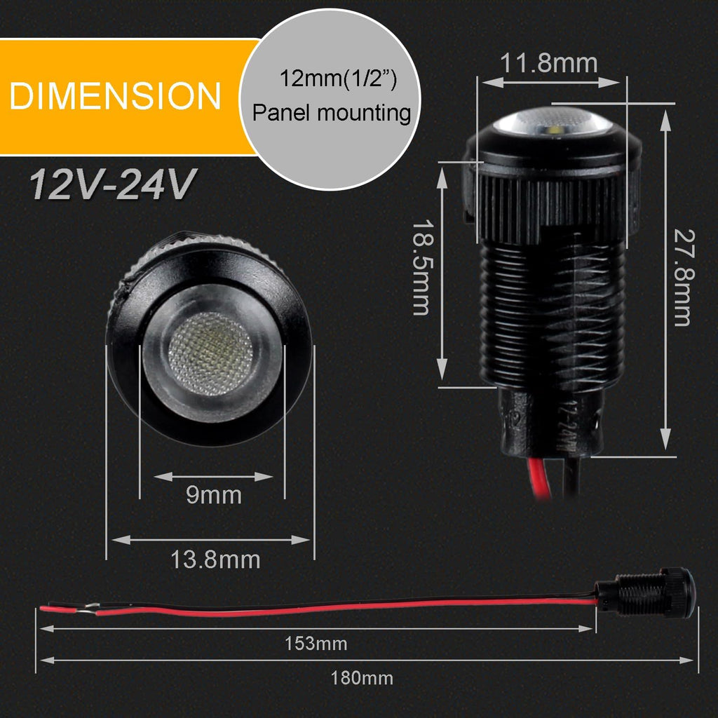 5pcs 12mm 12V-24V LED Indicator Light Plastic Black Signal Dot Lamp 12V-24V 1/2 inches Mounting Hole Size with 15cm/5.9in. Wire (White LED)