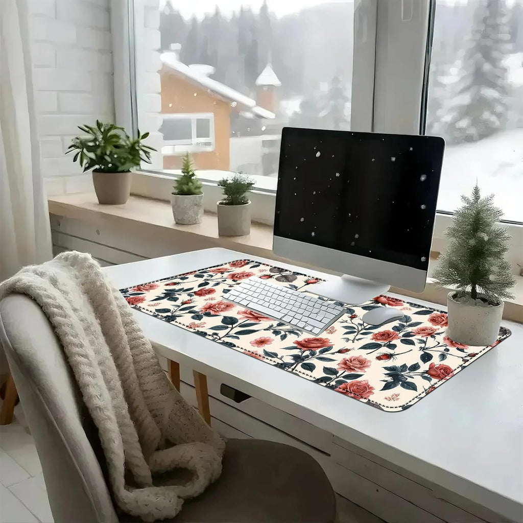 Heated Mouse Pad with 3 Temperature Settings(104°F–122°F),Large 31.5x13 Inch PU Leather Heated Desk Mat,Waterproof Warming Pad for Office,Gaming & Cold Hands Relief,Retro Flowers