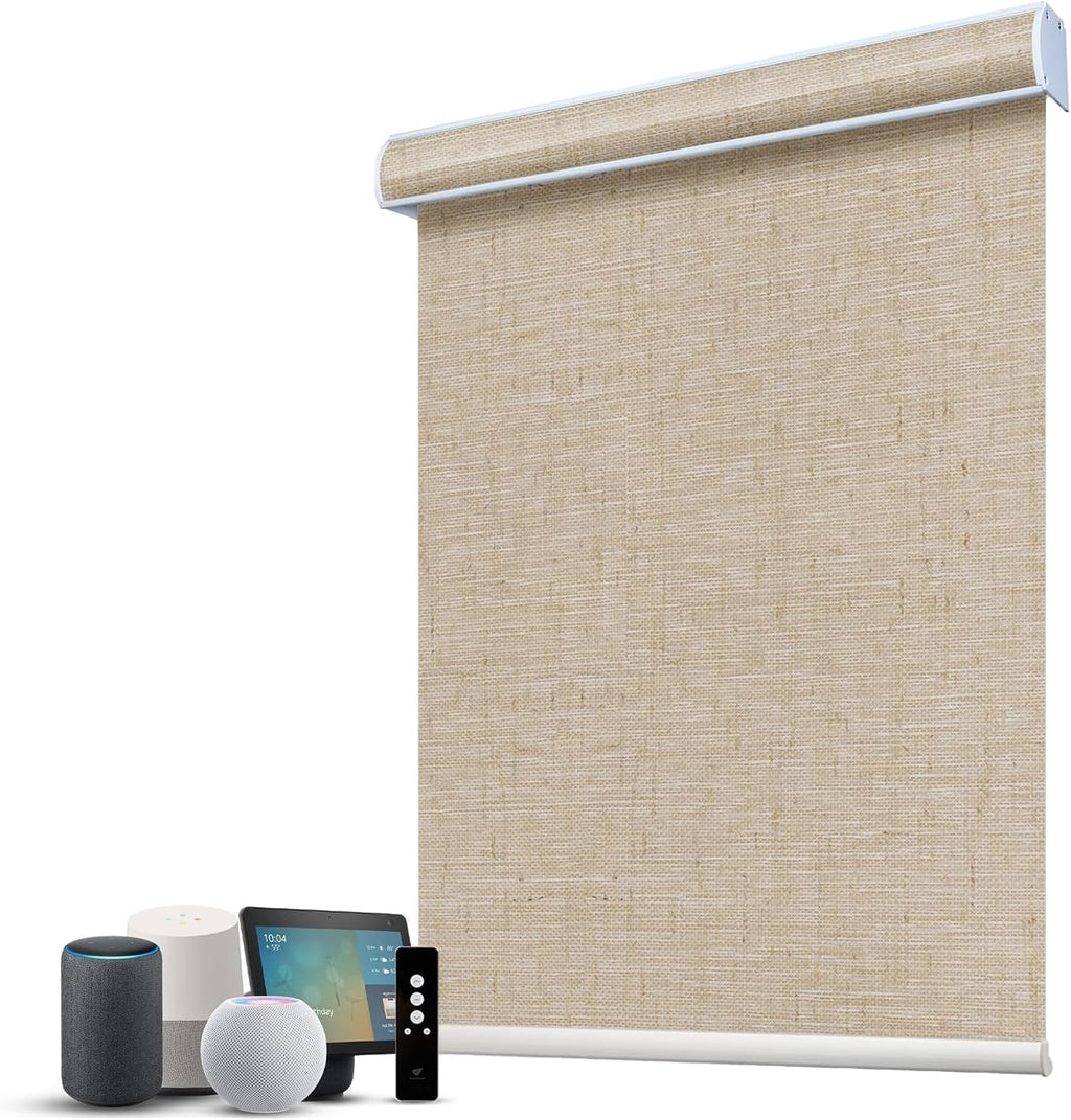 SmartWings Motorized 100% Blackout Shades Blinds, Custom Size, Cordless Window Shades with Rechargeable Battery, Work with Matter/Apple HomeKit, Alexa, Thread/Zigbee, Remote Optional, Linen Caramel