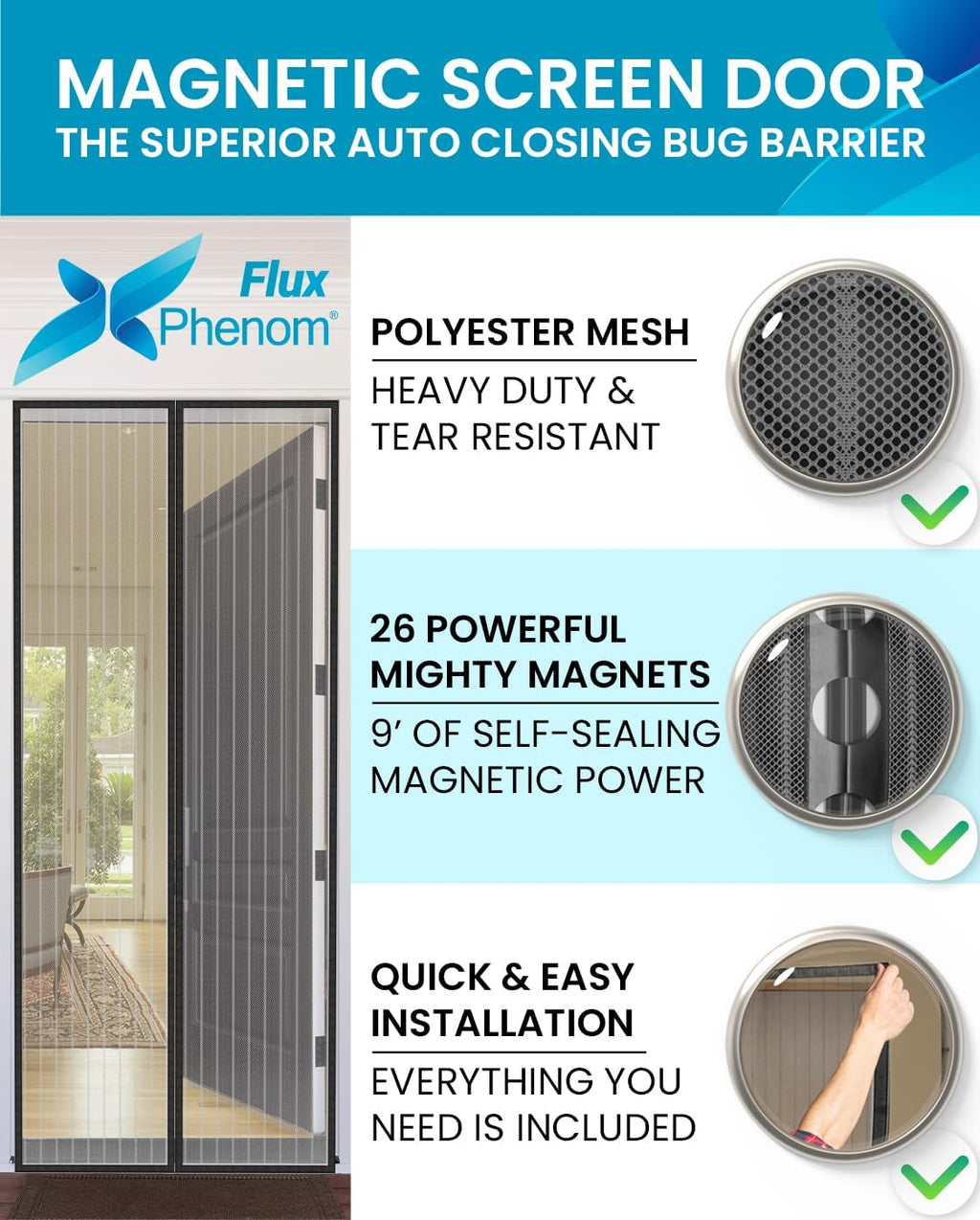 Flux Phenom Magnetic Screen Door Mesh 38x82 Inch – Easy Install, Strong Magnet Strength, Self-Sealing Mesh, Pet Tested, Hands-Free Entry, Doors Screen Magnetic Closure, Keeps Bugs Out - Gray