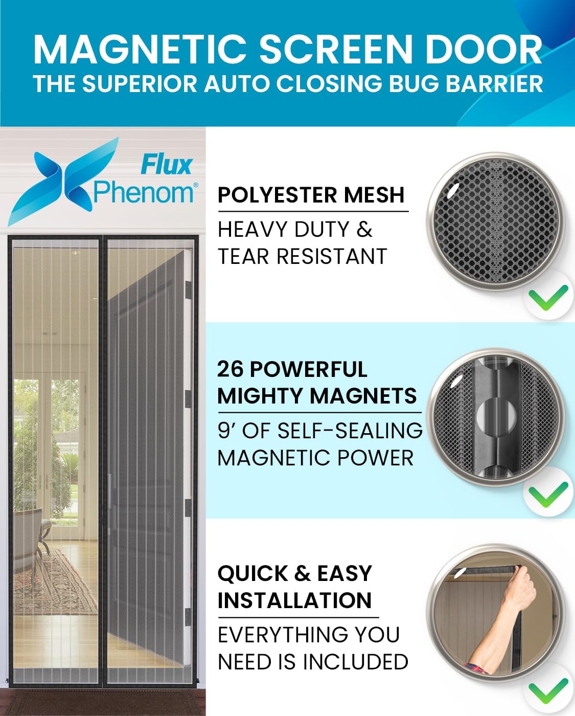 Flux Phenom Magnetic Screen Door Mesh 38x82 Inch – Easy Install, Strong Magnet Strength, Self-Sealing Mesh, Pet Tested, Hands-Free Entry, Doors Screen Magnetic Closure, Keeps Bugs Out - Gray
