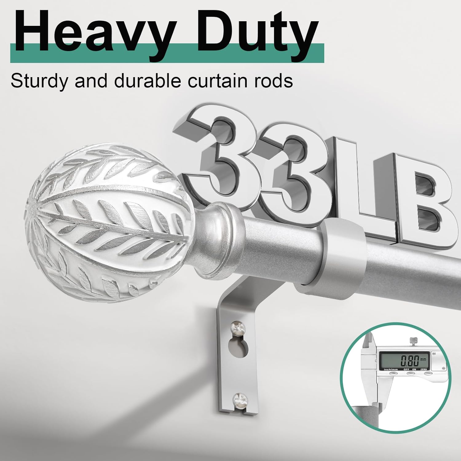 Silver Curtain Rods for Windows 48 to 84 inch,1" Adjustable Heavy Duty Window Curtain Rod with Leaf Finials,Rustic Decorative Drapery Rods Set,Size:36-88''