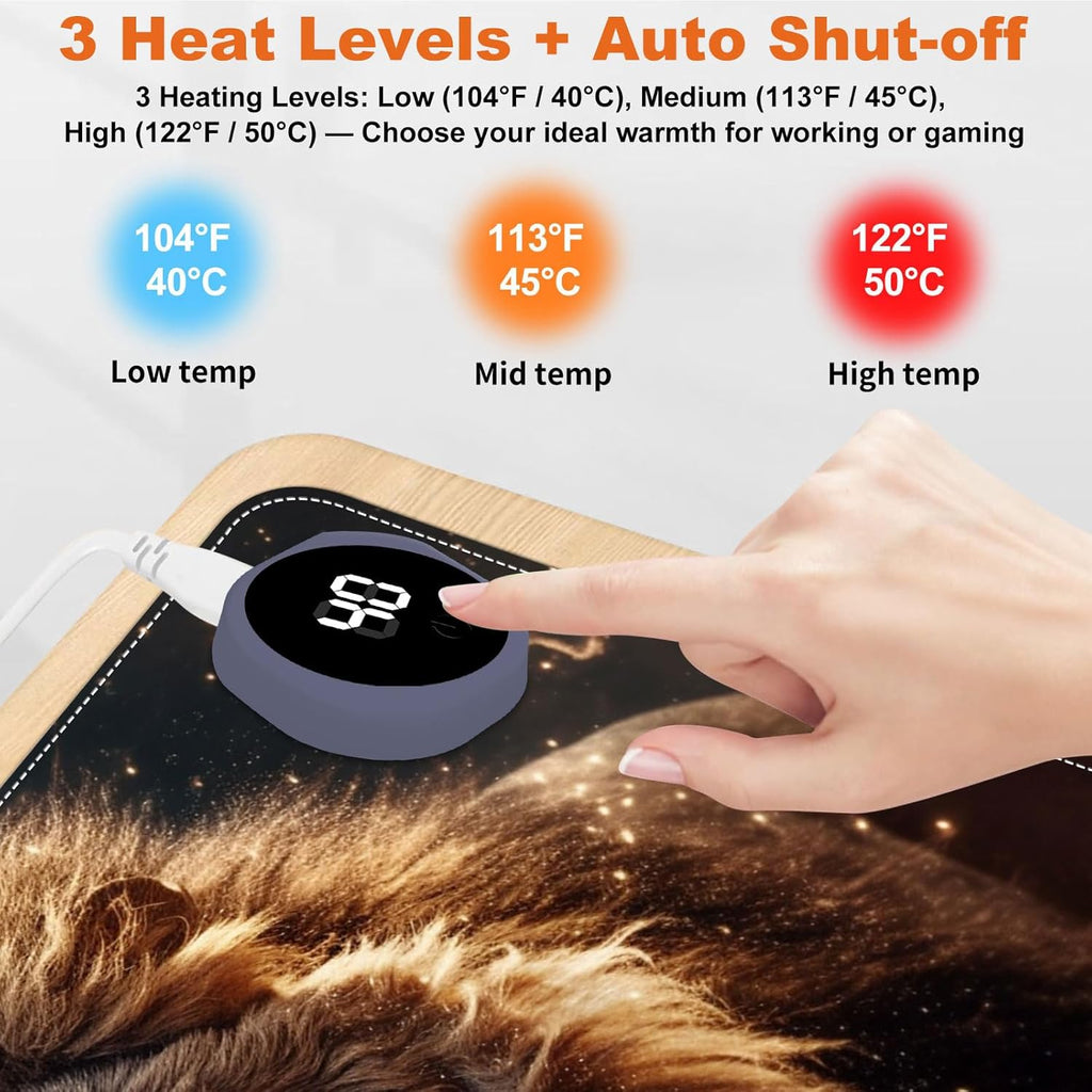 Heated Mouse Pad for Desk 31.5" x 13" – PU Leather Warm Desk Pad with 3 Heat Levels (104°F/113°F/122°F), Plug-in Electric Heating Mat with Auto Shut-Off, Waterproof & Rollable, Roaring Lion