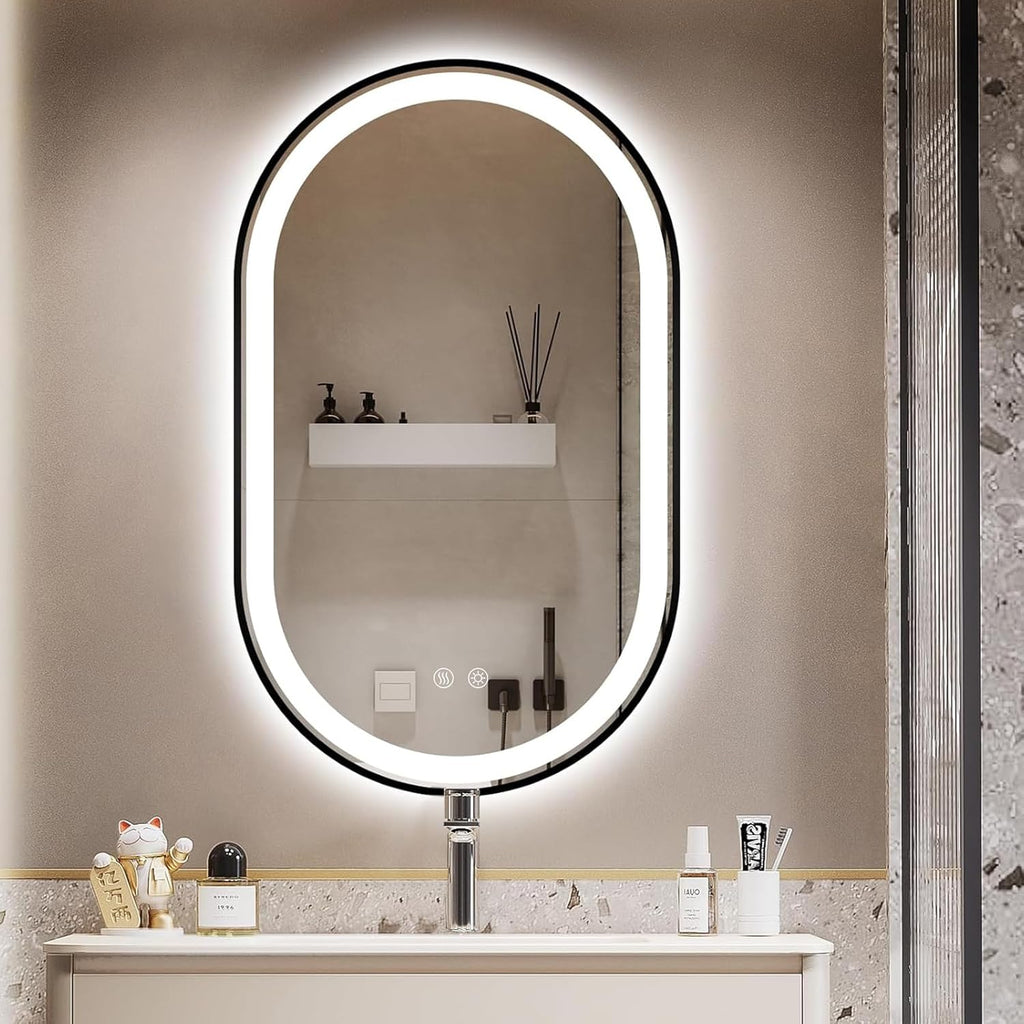 Niccy Oval LED Mirror for Bathroom, 40x24 Front Lit + Backlit Vanity Mirrors with Light Anti-Fog, Shatter-Proof, 3 Colors, Makeup Mirror with Black Frame (Horizontal/Vertical)