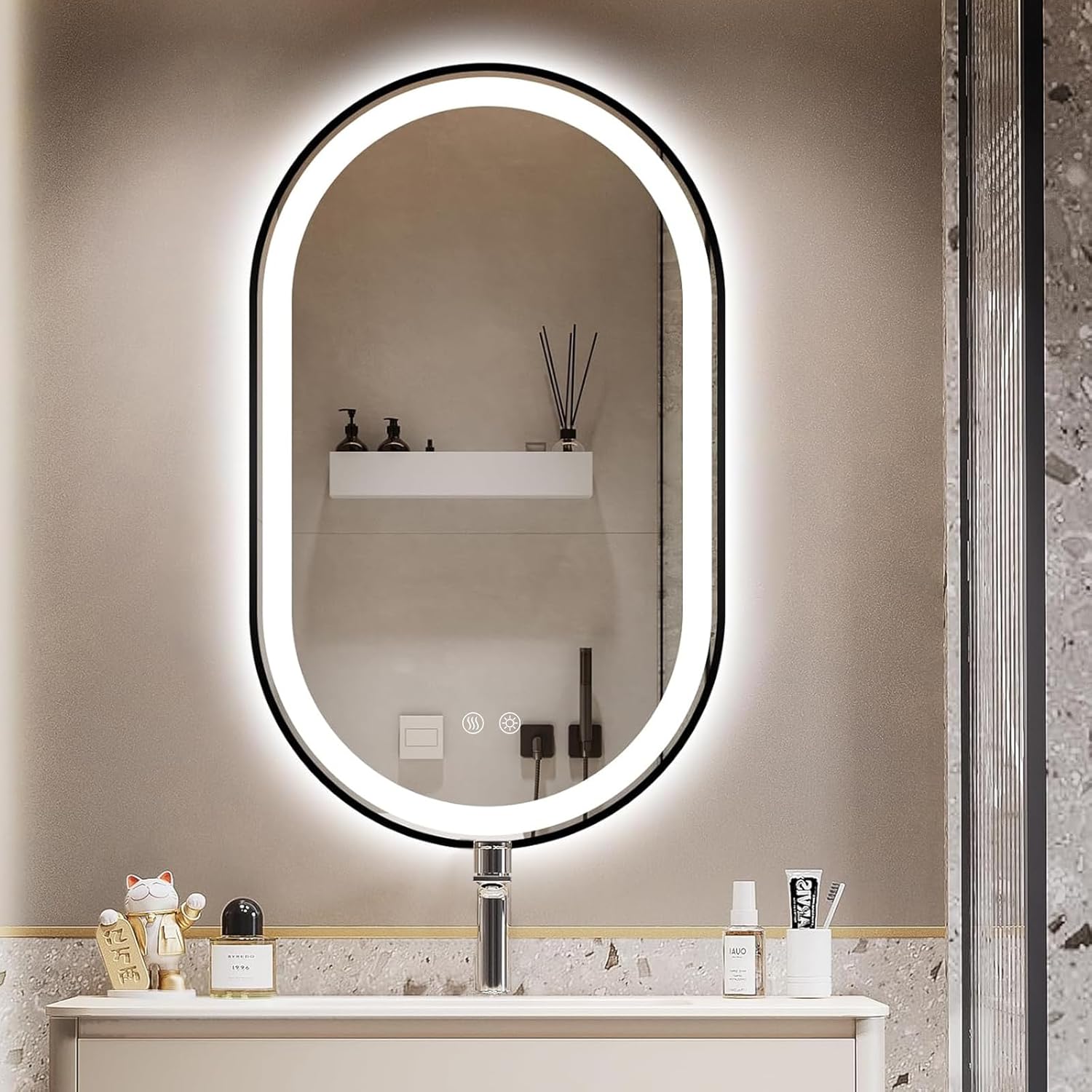 Niccy Oval LED Mirror for Bathroom, 40x24 Front Lit + Backlit Vanity Mirrors with Light Anti-Fog, Shatter-Proof, 3 Colors, Makeup Mirror with Black Frame (Horizontal/Vertical)