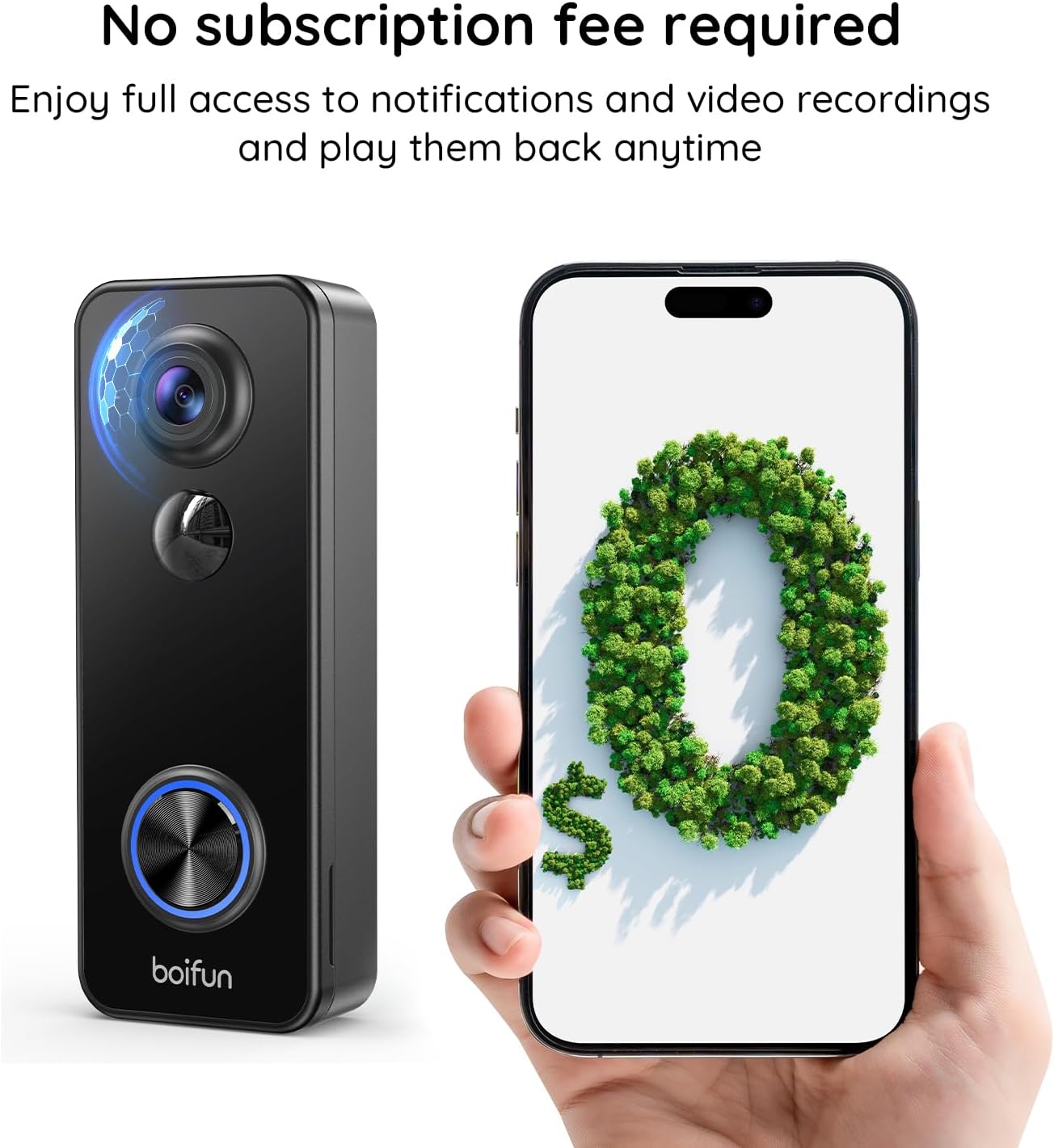 BOIFUN Doorbell Camera Wireless – No Subscription Required, 180° Ultra Wide-Angle, 2K FHD, AI Detection & Alert, HDR Night Vision, Two-Way Audio & Battery Video Doorbell with Chime, 2.4 GHz Wi-Fi Only