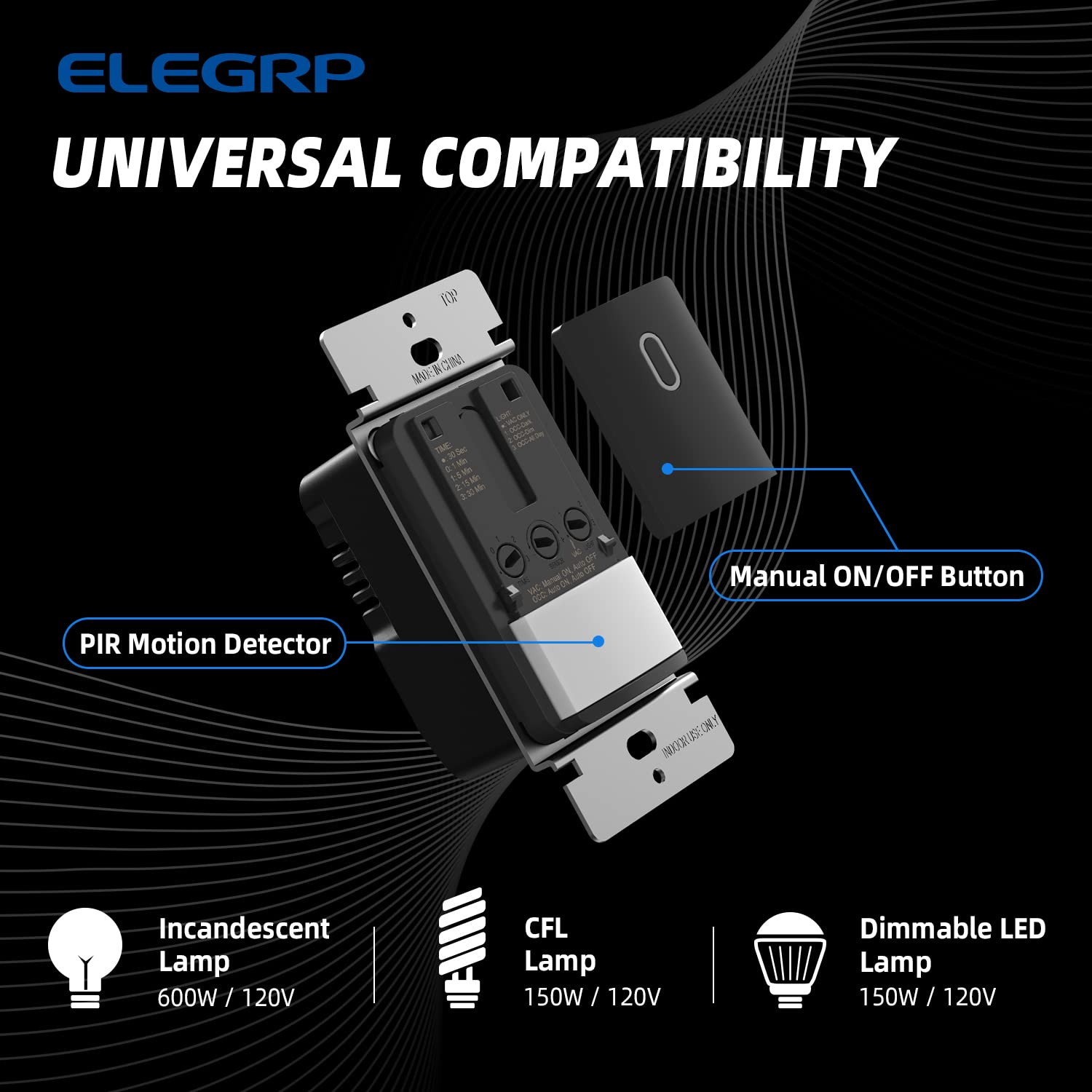 ELEGRP Occupancy Motion Sensor Light Switch, PIR Infrared Motion Activated Wall Switch, No Neutral Wire, Single Pole for CFL/LED/Incandescent Bulb, Wall Plate Included, UL Listed (6 Pack, Matte Black)
