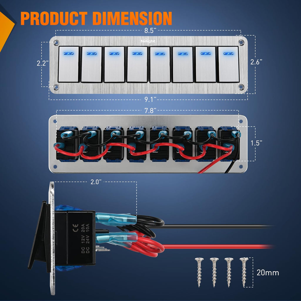 Nilight 8 Gang Rocker Switch Panel 3 Pin On Off Pre-Wired Blue LED Waterproof Aluminum with DIY Stickers for 12V 24V Automotive Cars Marine Boats UTV Truck Jeeps
