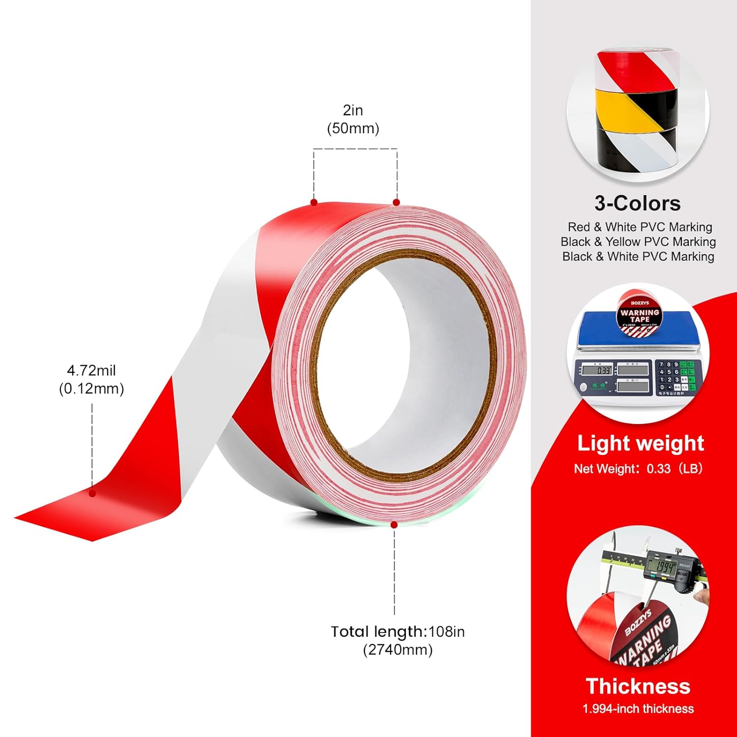 Industrial Red & White Caution Tape 2-Pack | 2in x 108ft Floor Marking Tape | Waterproof & Forklift-Proof | Long-Lasting for Warehouse, Factory, Parking