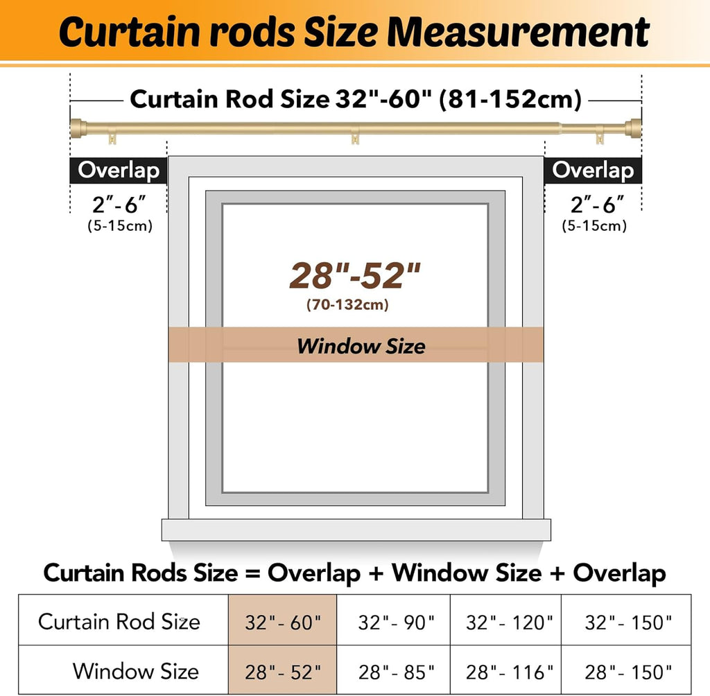 GEEBOBO Gold Curtain Rods for Windows 28 to 48 Inch, 1 Inch Adjustable Heavy Duty Decorative Window Curtain Rod, W1(Gold, 32"-60")