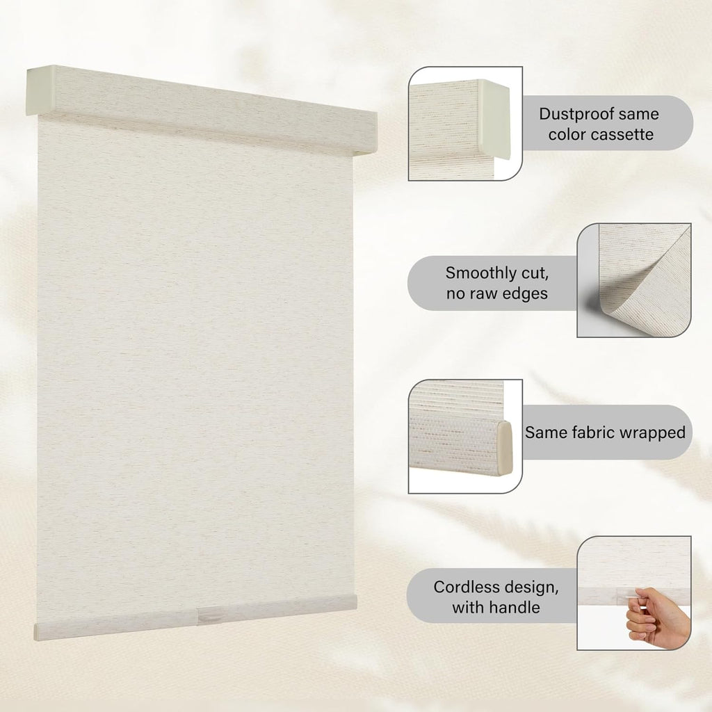 Persilux Custom Size Light Filtering Cordless Roller Blinds Natural Woven Stripes Fabric Thermal Insulation Privacy Roller Shades for Home,Office,Bedroom,Cream Color