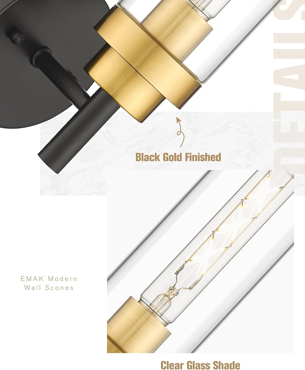 Emak Black and Gold Sconces Wall Lighting, Modern Vanity Lights with Clear Glass Shade, Wall Sconce for Bathroom, Bedroom, Living Room, Hallway, WS085-BKBGD