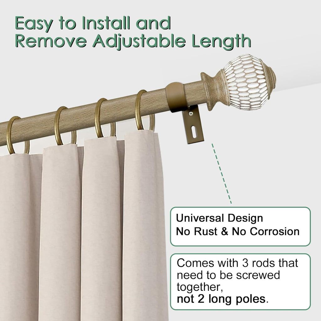 Curtain Rods for Windows 16 to 48 Inches Adjustable Length 1 Inch Diameter Window Curtain Rod with Wood Grain Leaf Pattern Finials,for Heavy Duty Curtains Rods