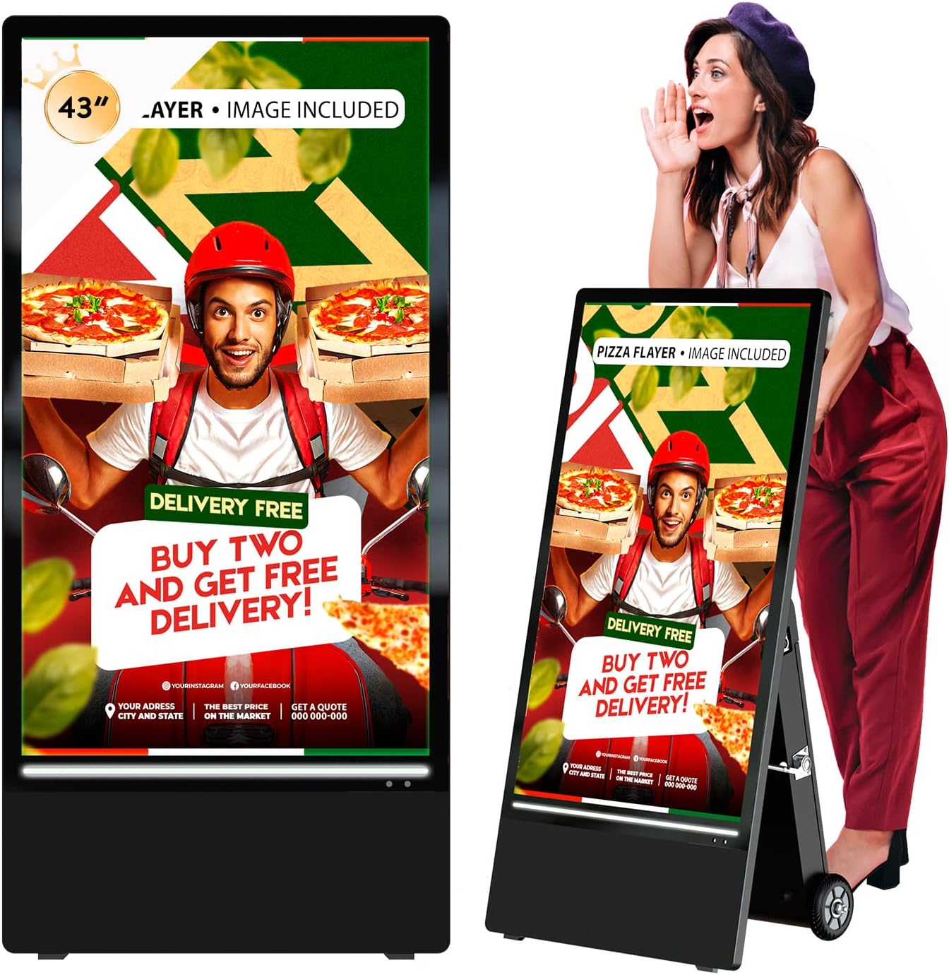 MWE 43 Inch Outdoor Digital Signage Display, Portable Battery Powered High Brightness Screen Advertising Display Kiosk, Movable Waterproof Standing Poster, Android OS