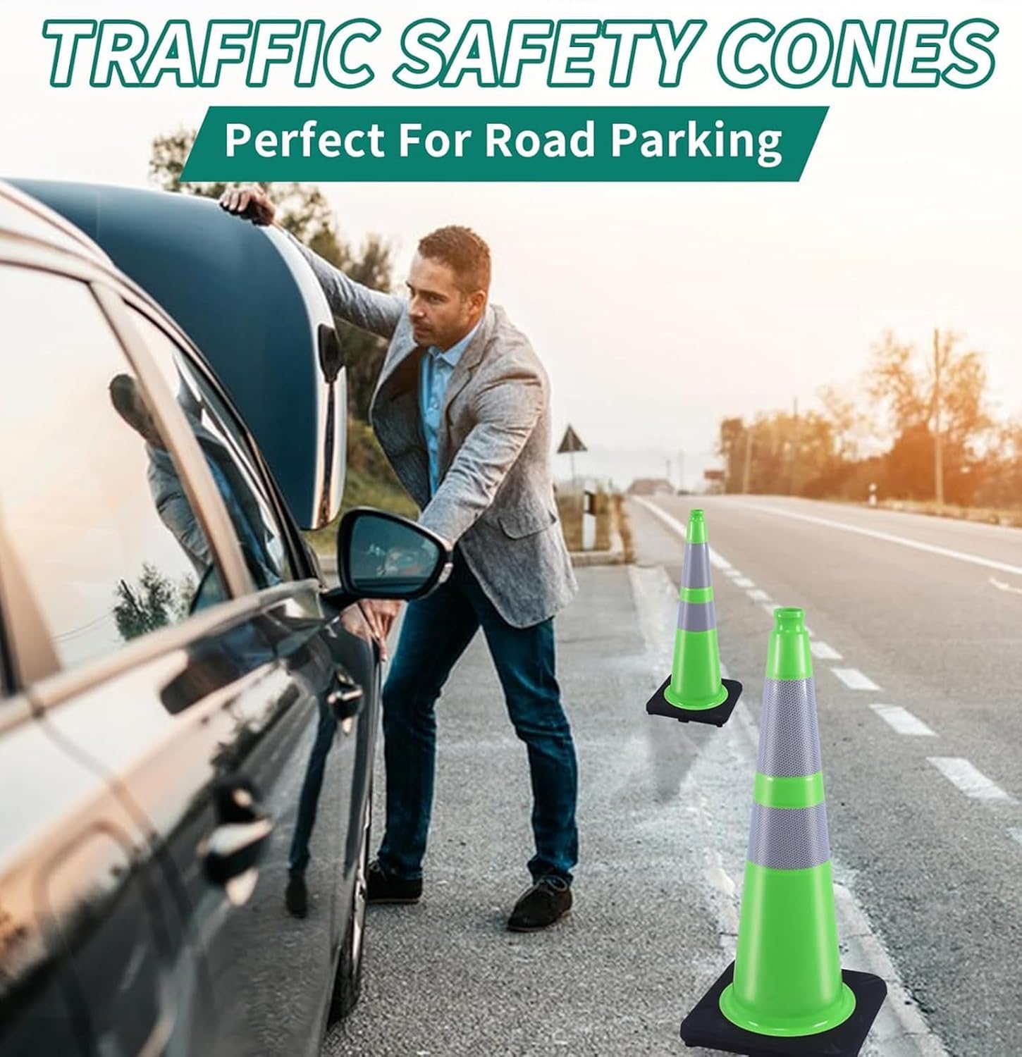 BESEA 4PCS 28" inch Traffic Cones Green Safety Cones with 6 inch & 4inch Reflective Collar for Construction Driveway Road Parking Stopper