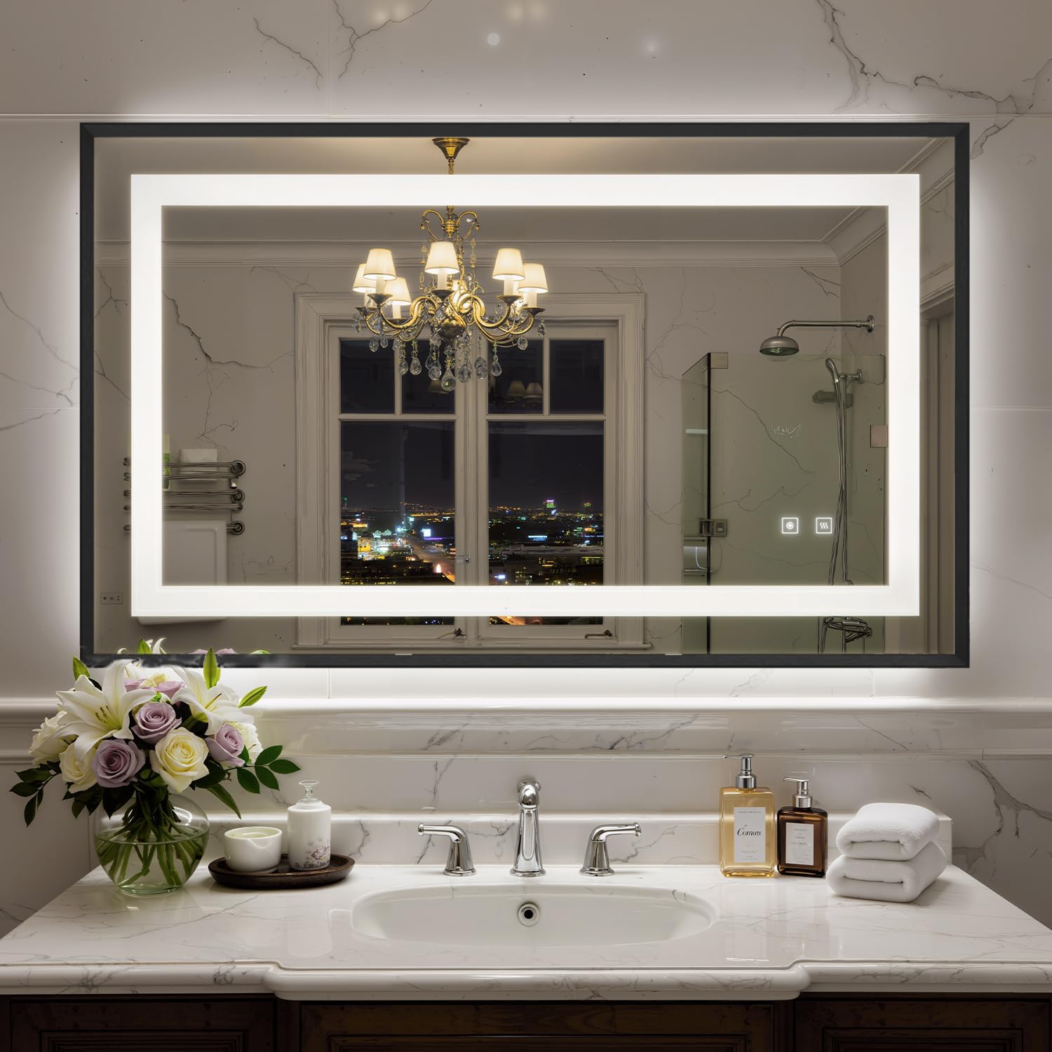 40X24 Inch LED Bathroom Mirror with Lights, Black Frame Frontlit+ Backlit Bathroom Vanity Mirror for Wall, Ultra-Clear Tempered Glass, Shatter-Proof, Anti-Fog and Memory Function, ETL Listed