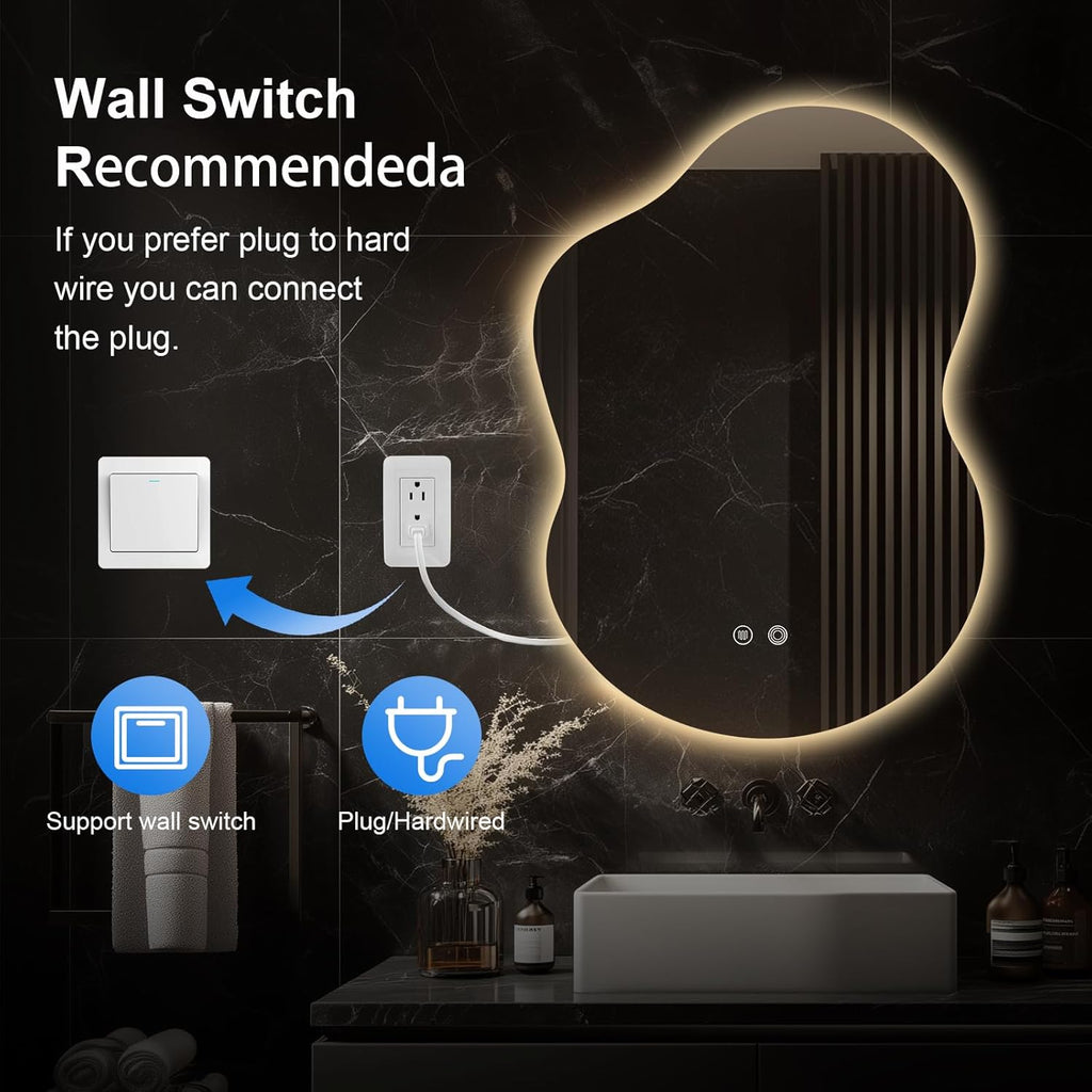Asymmetrical Lighted Mirror for Bathroom,Modern LED Vanity Mirror with Backlit,Fog-Free,Tri-Color Dimmable Lighting with Memory Function,Hardwire Ready [Horizontal/Vertical] 35" H x 25" W