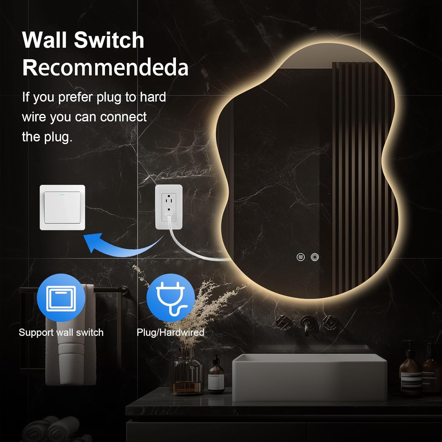 Asymmetrical Lighted Mirror for Bathroom,Modern LED Vanity Mirror with Backlit,Fog-Free,Tri-Color Dimmable Lighting with Memory Function,Hardwire Ready [Horizontal/Vertical] 35" H x 25" W