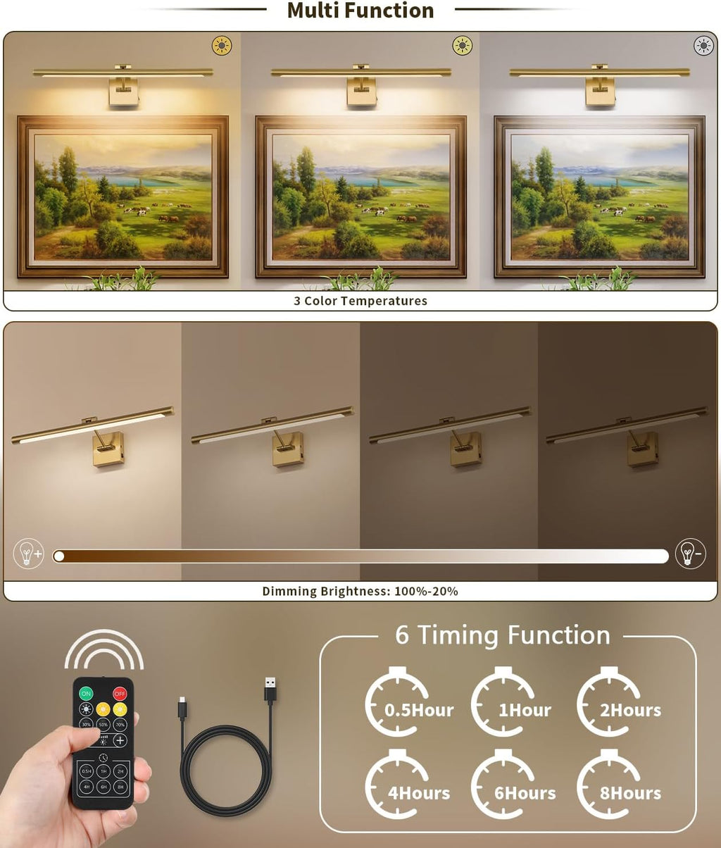 Joosenhouse Battery Operated Picture Lights for Wall Rechargeable Art Lighting for Paintings Wireless Gallery Lights with Remote Control and Dimmable Timed Off Brass Wall Lights 24.4 inch