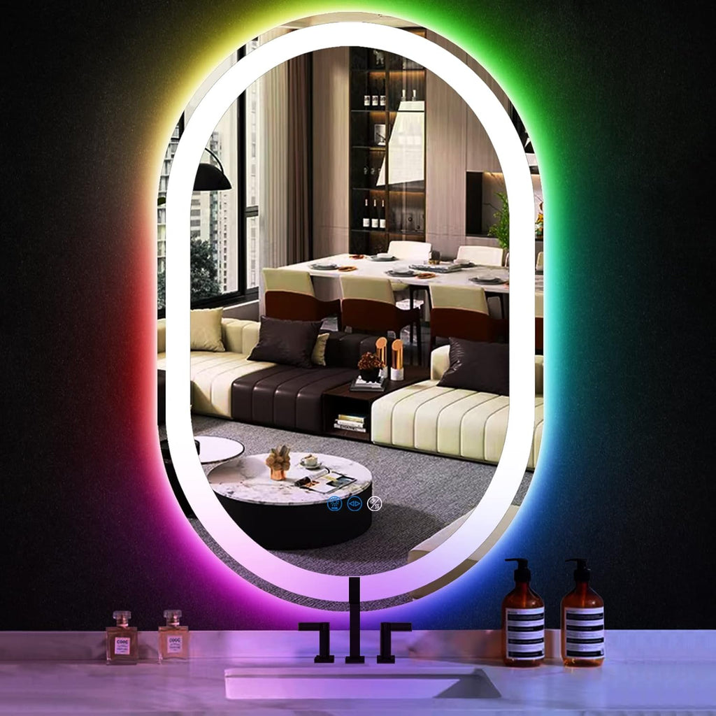 THEKLA 20 x 32 Inch Oval LED Vanity Mirror with Lights Smart Dimmable 3 Color+ Rainbow RGB Color Changing Backlit 32" Oval Lighted Mirror for Bathroom Wall Horizontal/Vertical Mount Anti-Fog