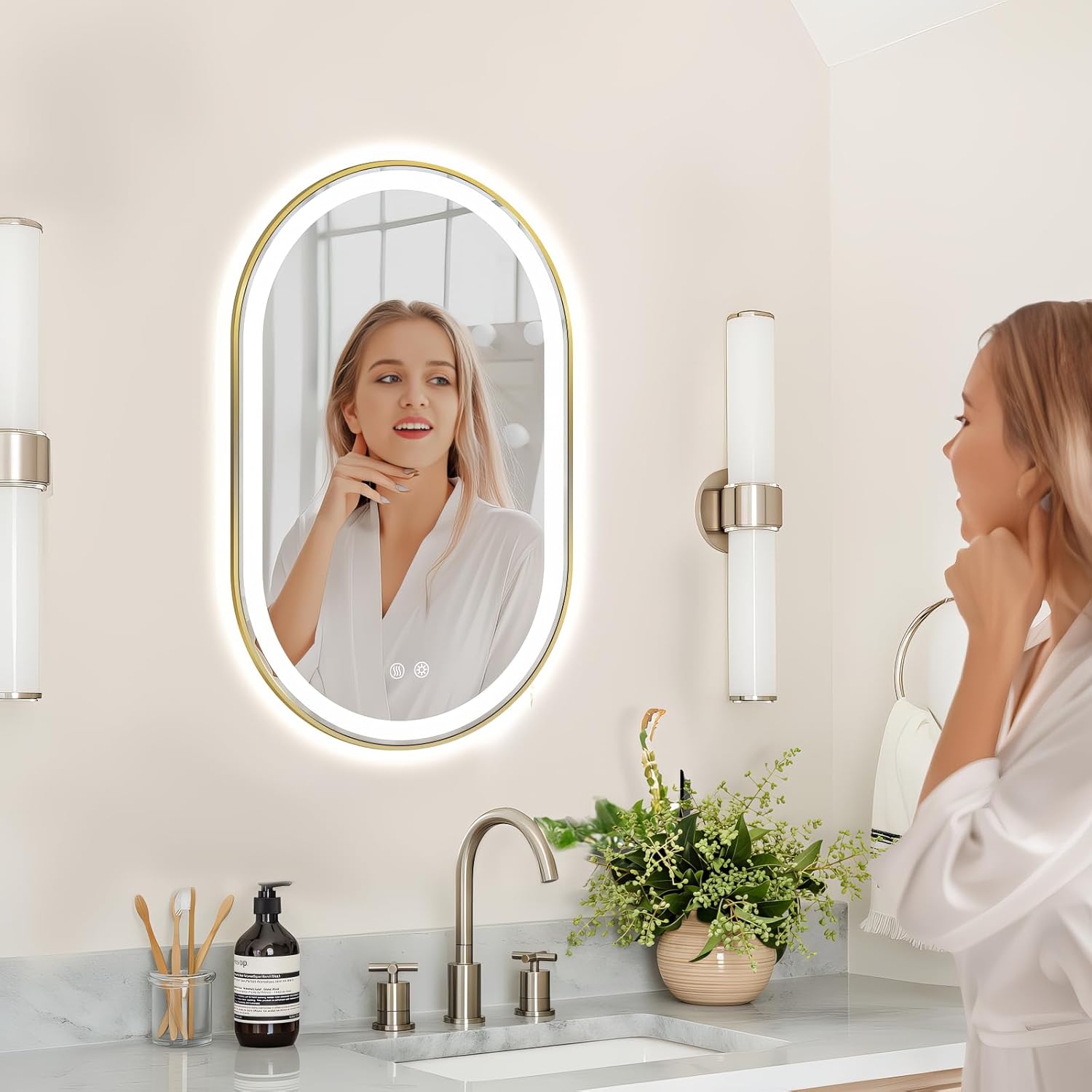 Niccy Oval LED Mirror for Bathroom, 32x20 Front Lit + Backlit Vanity Mirrors with Light Anti-Fog, Shatter-Proof, 3 Colors, Makeup Mirror with Old Gold Frame (Horizontal/Vertical)