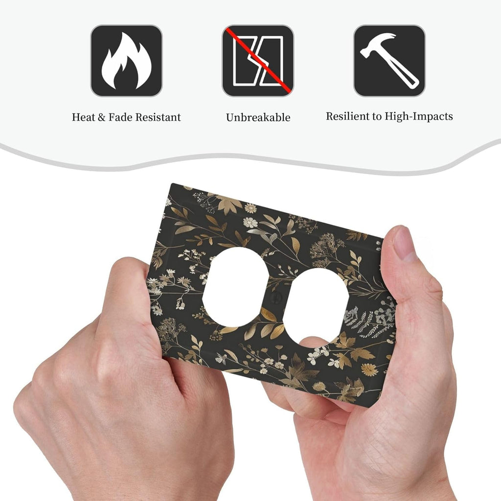 Outlet Covers Black Gold Floral Dark Leaves Vintage Flowers 1 Gang Duplex Light Switch Cover Decorative Switch Plates Electrical Receptacle Faceplate Wall Plate for Bed Room Home Decor