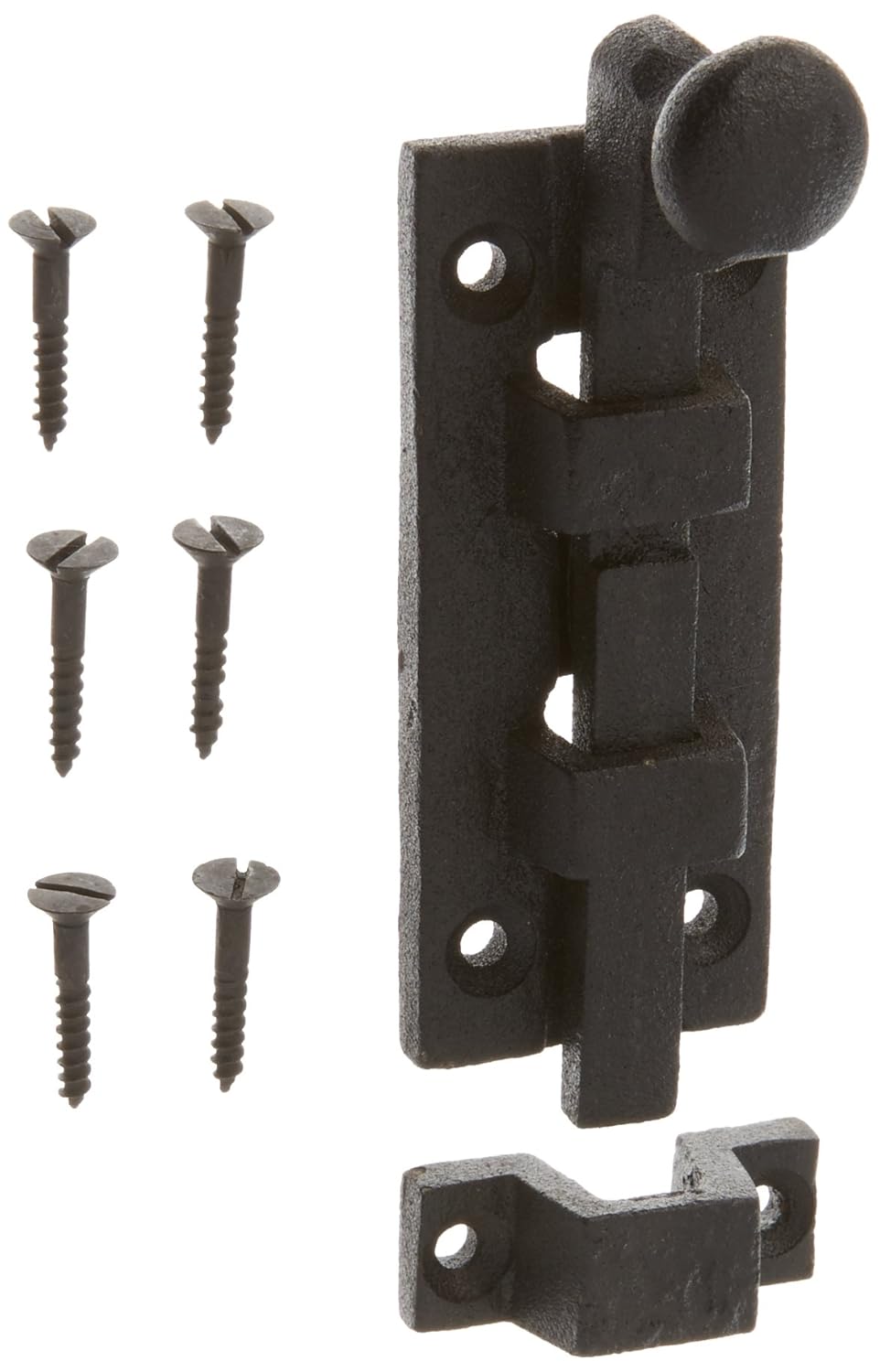 Renovators Supply Manufacturing Slide Bolt Latch 4 in. Black Wrought Iron Slide Bolt with Catch and Mounting Hardware