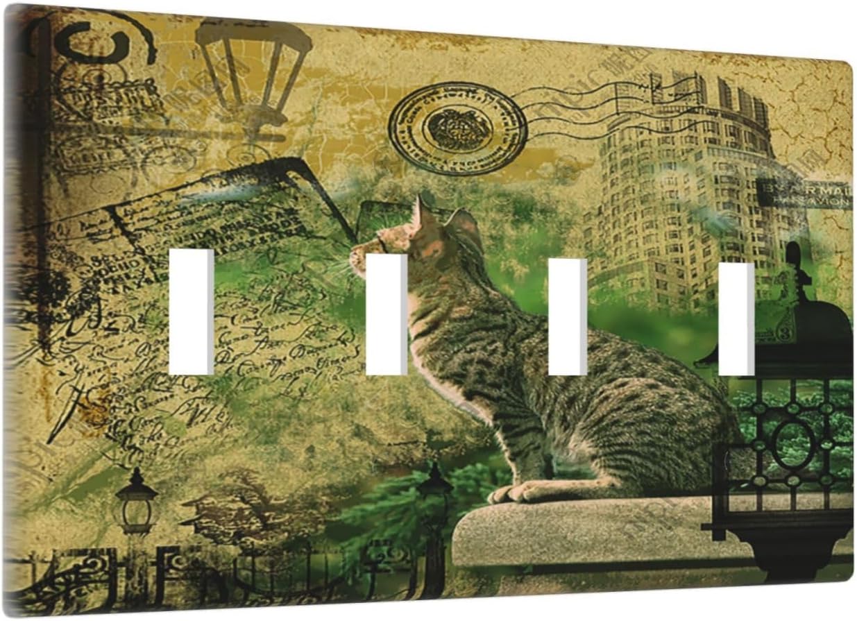 Light Switch Cover Plate Vintage Style Cat City Stamp 4 Gang Quad Toggle Wall Plate Electrical Outlet Cover Decorative Switch Plate Covers for Bedroom Home Decor