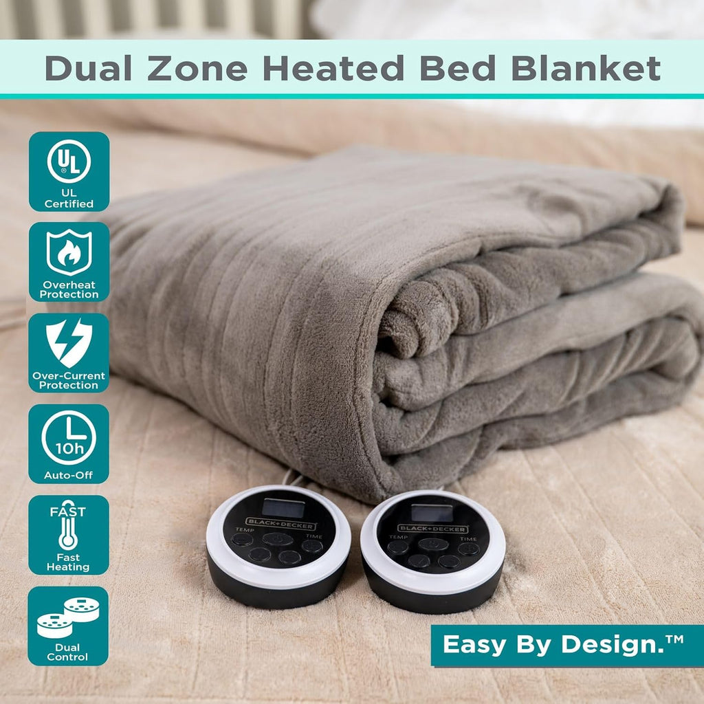 BLACK+DECKER Heated Blanket Electric King, Micro Plush Electric Blanket, Heating Blanket with 10 Heating Levels, 10H Timer, Auto Shutoff, Dual Zone Heating, Fast Heating (90x100 inches, Grey)